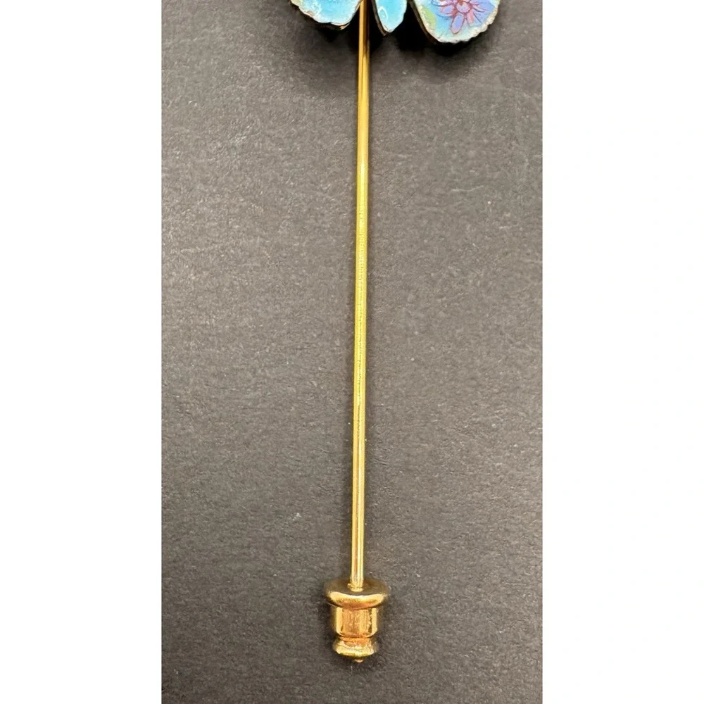 Vintage Enameled‎ Blue Butterfly Floral Flowers Stick Pin Brooch Gold Tone